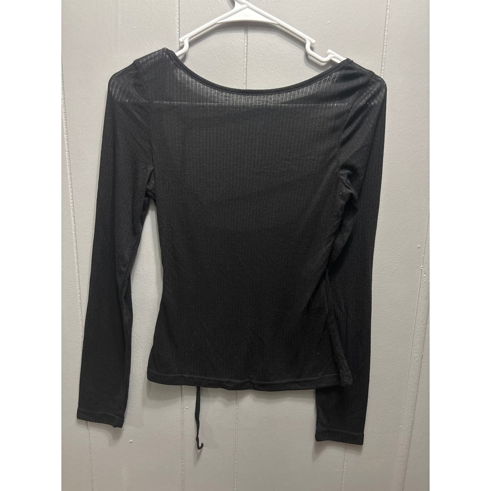 Black Ribbed Long Sleeve Open Back Strappy Top Medium